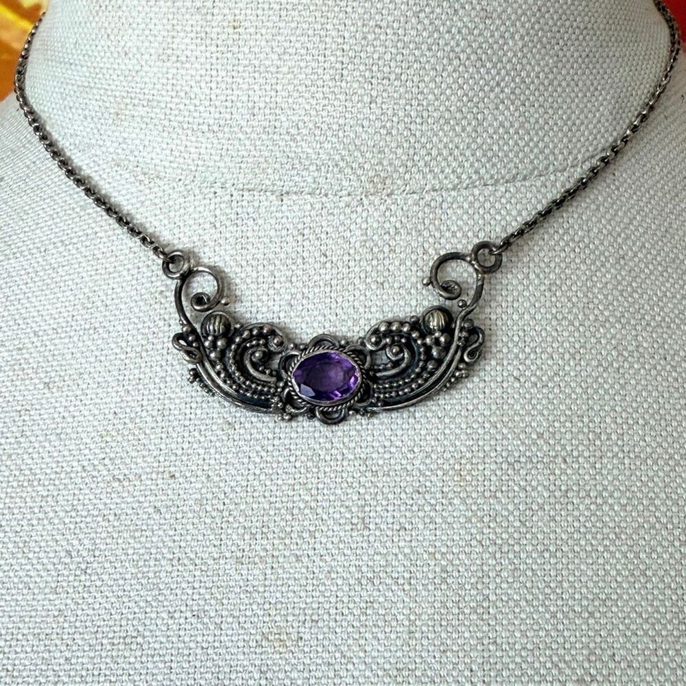 Sterling Silver Amethyst Ornate Scroll Necklace Artisan Statement Necklace
